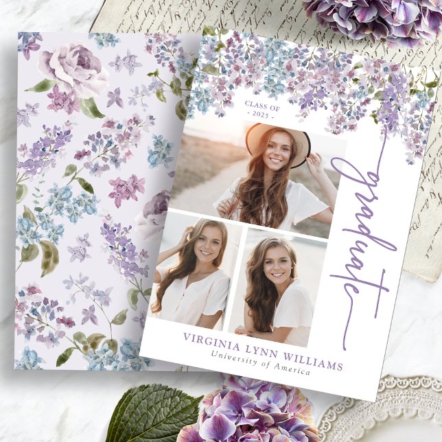 Faire-part Graduation florale pourpre (Watercolor Purple Floral Lilac Graduation Announcement by Painted Paperie
)