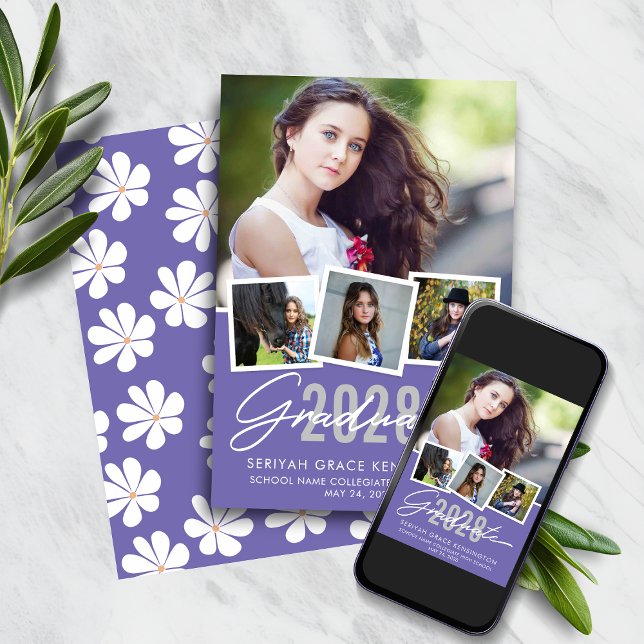 Faire-part Graduation florale violet rétro Collage photo (Retro Purple Floral Daisy Graduation Photo Collage Announcement)