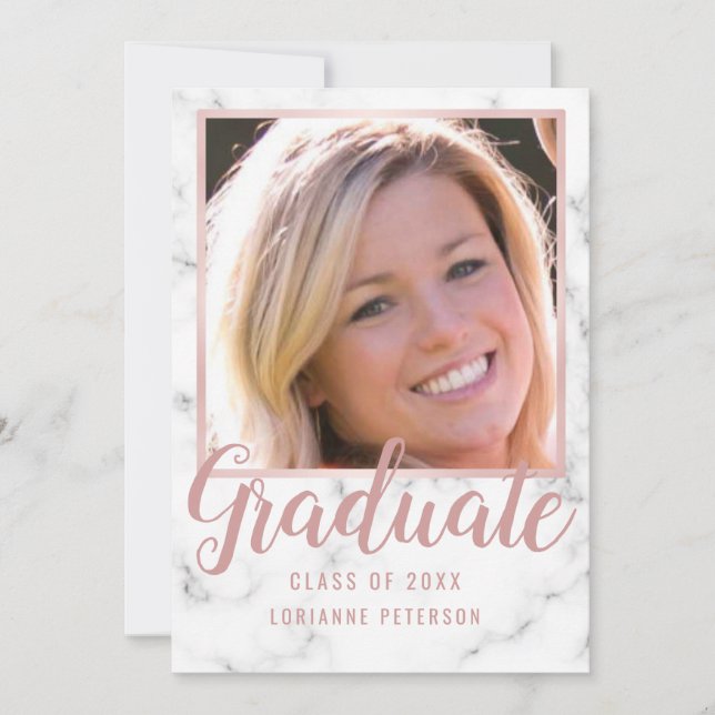 Faire-part Graduation Marbre Rose Gold Photo Pink Script (Devant)