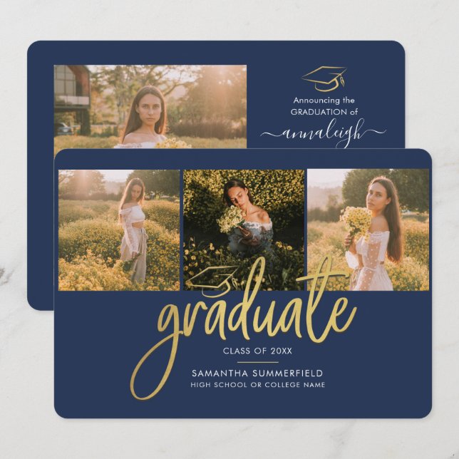 Faire-part Graduation Marine Blue Gold 4 Photo Collage Script (Devant / Derrière)