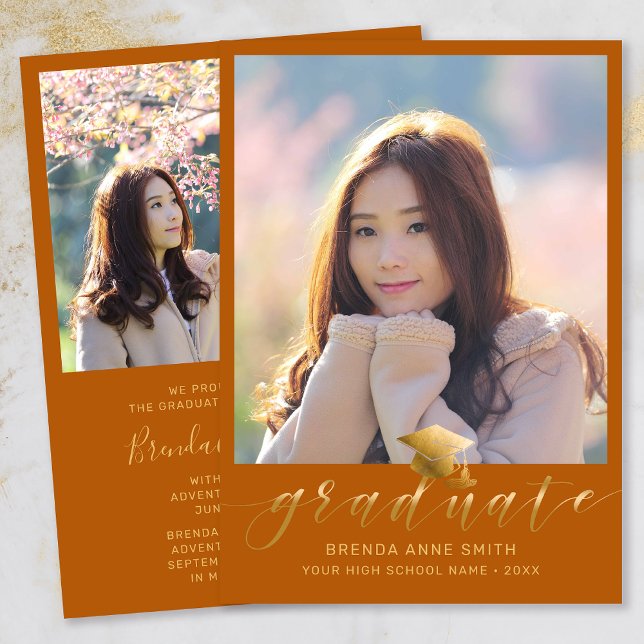 Faire-part Graduation moderne 2 Photo Gold Script Casquette O (Modern Two Photo Gold Script on Orange Graduation Announcement)