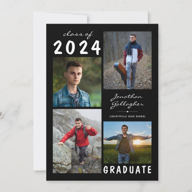 Faire-part Graduation Moderne 5 Script photo Noir Blanc (Devant)