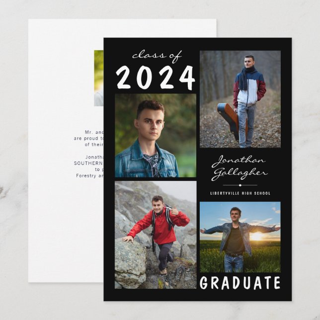 Faire-part Graduation Moderne 5 Script photo Noir Blanc (Devant / Derrière)