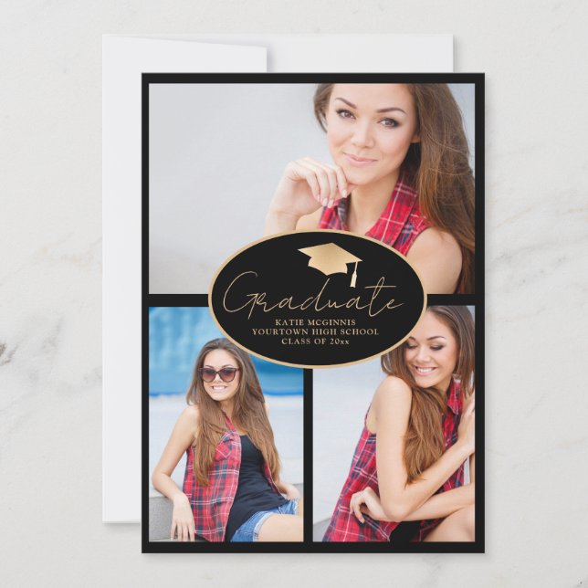 Faire-part Graduation moderne Black Gold 3-Photo (Devant)