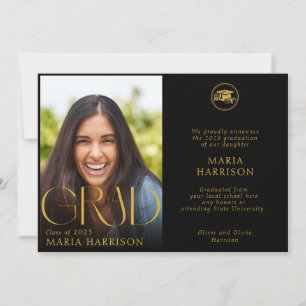 Faire-part Graduation moderne GRAD Black Gold Photo