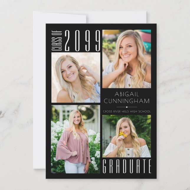 Faire-part Graduation moderne noir blanc 5 photo (Devant)