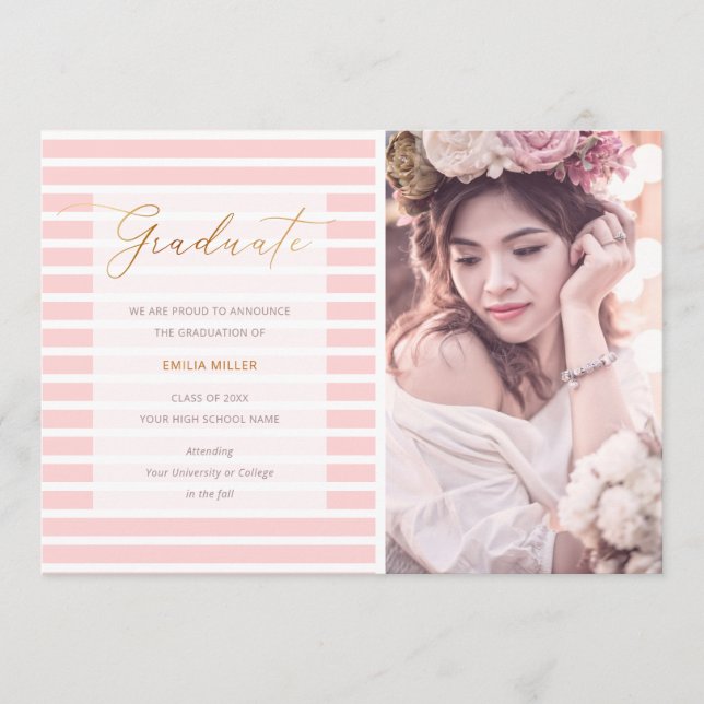 Faire-part Graduation moderne Photo Blush Pink Stripes (Devant)