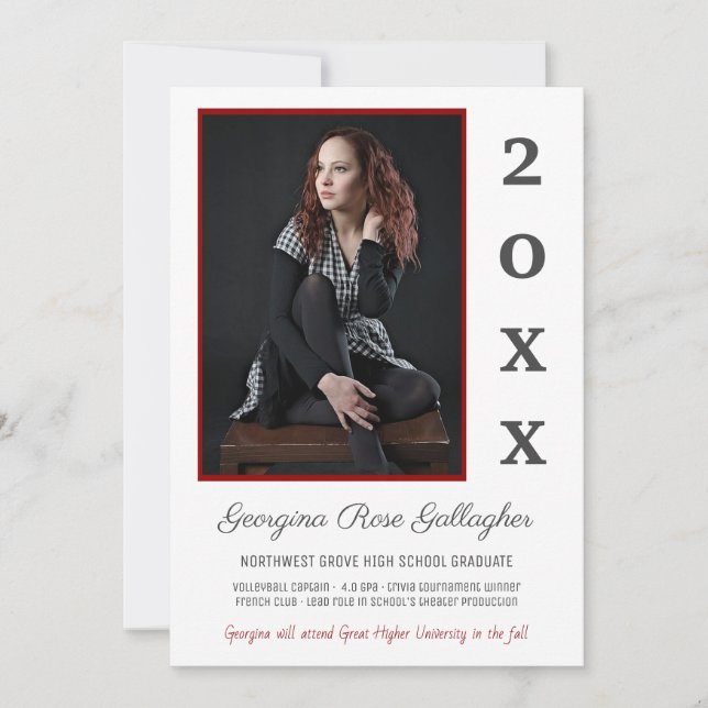 Faire-part Graduation Moderne Photo Simple Grad Year Red Grey (Devant)