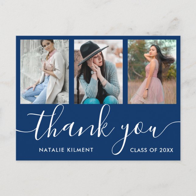 Faire-part Graduation Photo Collage Merci bleu Carte postale (Devant)
