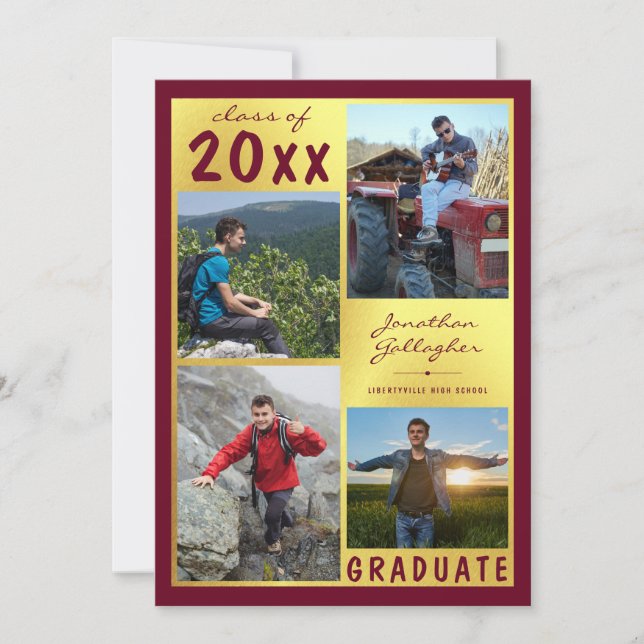 Faire-part Graduation Photo Collage Nom du script Maroon Gold (Devant)