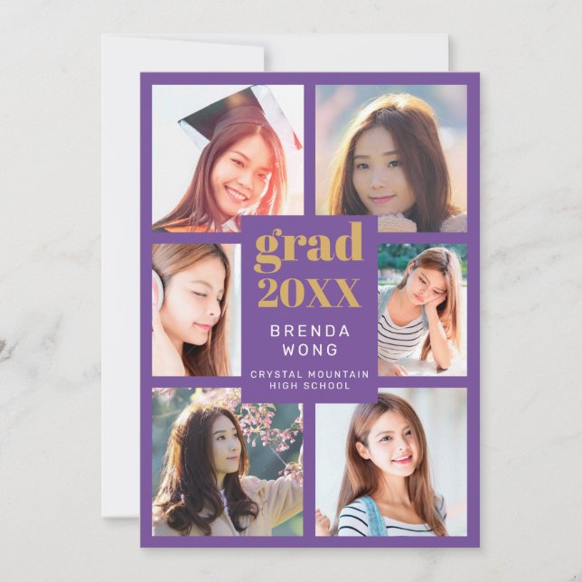Faire-part Graduation Photo Collage or blanc Script violet (Devant)