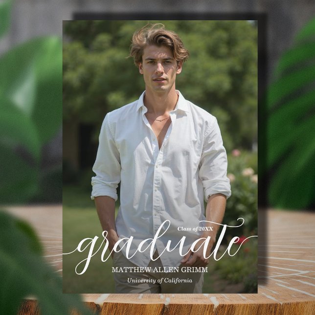 Faire-part Graduation photo de la superposition de script mod (Elegant white script photo graduation announcements,  PRINTED and/or INSTANT DOWNLOAD)
