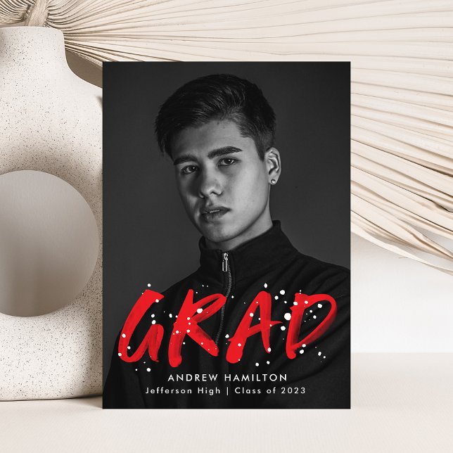 Faire-part Graduation photo moderne Red Paint Splatter (Créateur téléchargé)
