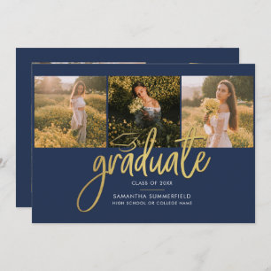 Faire-part Graduation Photos Script Marine Blue Gold Foil