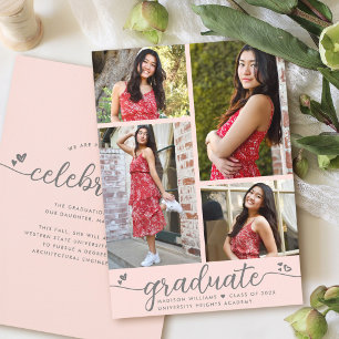 Faire-part Graduation rose pâle 4 Photo Moderne Coeurs Script