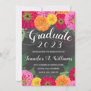 Faire-part Graduation Rose Zinnia Floral Aquarelle Gris 2023