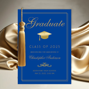 Faire-part Graduation Royal Blue Gold Formal Script Grad Casq