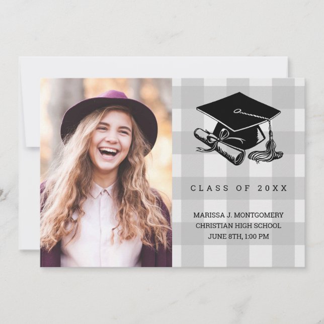 Faire-part Graduation Rustic Grey Plaid Photo Grad Casquette  (Devant)