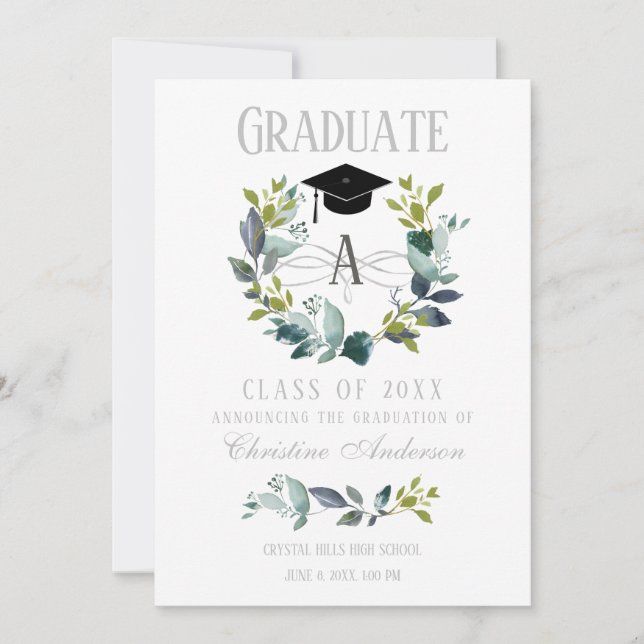Faire-part Graduation Verdure Wreath Monogramme noir Casquett (Devant)