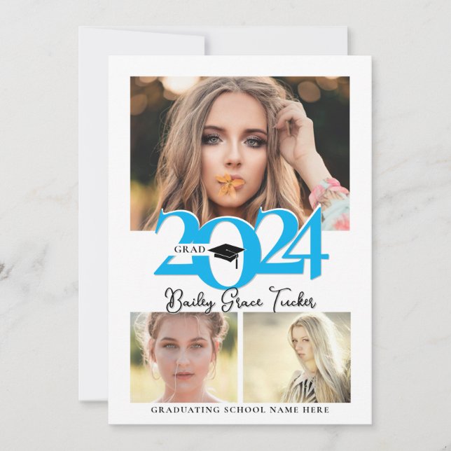 Faire-part Gras 2024 Grad Casquette 3-Photo Collage Bleu Grad (Devant)