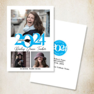 Faire-part Gras Casquette GRAD 2024 3-Photo Sky Blue Graduati
