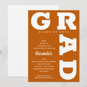 Faire-part Gras GRAD Blanc sur Burnt Orange Graduation