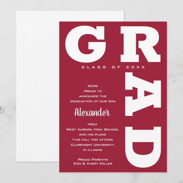 Faire-part Gras GRAD Blanc sur Crimson Red Graduation (Devant / Derrière)