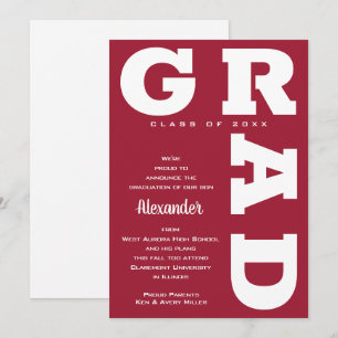 Faire-part Gras GRAD Blanc sur Crimson Red Graduation