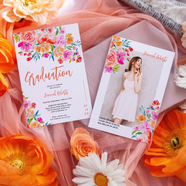 Faire-part Gras photo Boho orangé graduation florale (Bold photo Boho orange floral graduation Announcement)