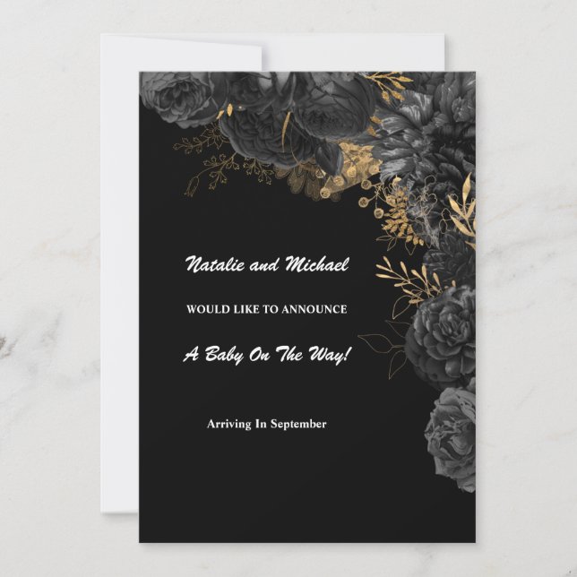 Faire-part Grossesse Florale Noire Et Or (Devant)