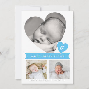 Faire-part Heart Photo Collage En vichy bleu bébé garçon nais