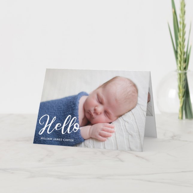 Faire-part Hello Baby Boy Photo Simple Script Chic Naissance (Devant)