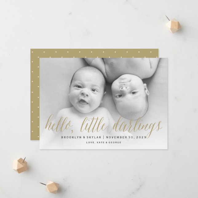Faire-part Hello Little Darlings Gold Script Twin Photo Naiss (Devant/Arrière en situation)