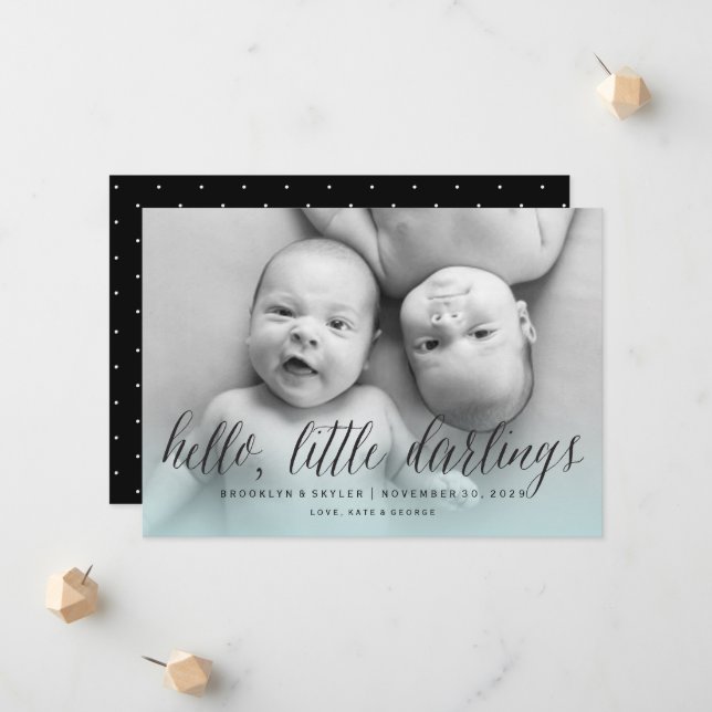 Faire-part Hello Little Darlings Twin Boys Photo moderne Nais (Devant/Arrière en situation)