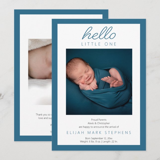 Faire-part Hello Little One - 2 Photo Baby Boy Blue Birth (Devant / Derrière)