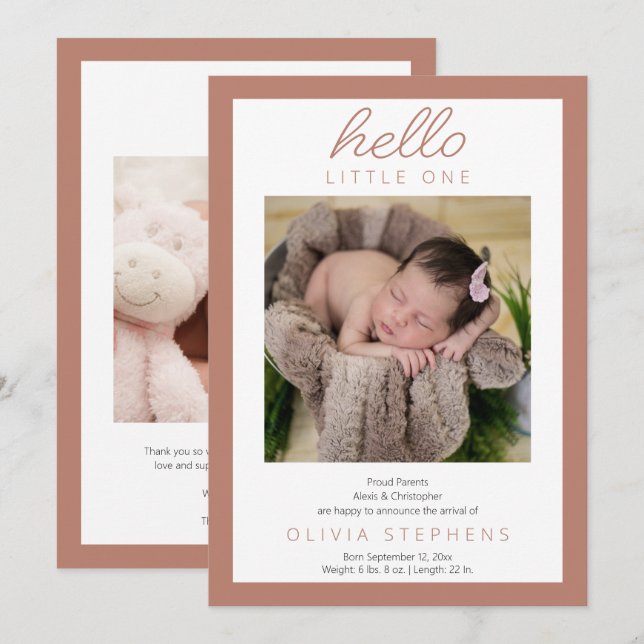 Faire-part Hello Little One Photo Baby Girl Terracotta Birth (Devant / Derrière)