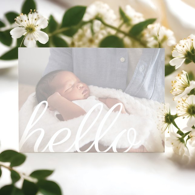 Faire-part Hello White Script moderne superposition photo béb (Hello Modern White Script Overlay Baby Photo Announcement)