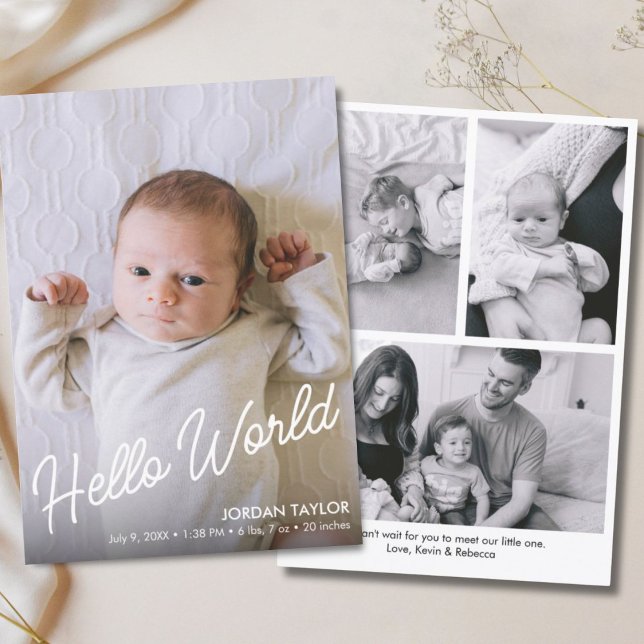 Faire-part Hello World Modern Script Nouveau-né bébé naissanc (Hello World Modern Script Newborn Baby Birth Announcement)