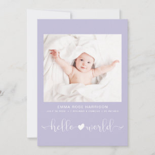 Faire-part Hello World Photo Heart Flèche Purple Girl Birth