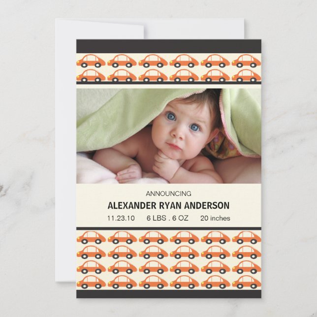 Faire-part Honk ! Voitures orange bébé garçon Naissance Annon (Devant)