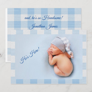 Faire-part Il’s Here Baby Boy Blue En vichy Modern Birth