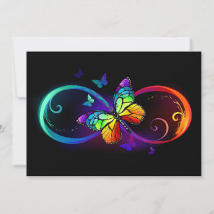 Faire-part Infini vibrant avec papillon arc-en-ciel sur fond