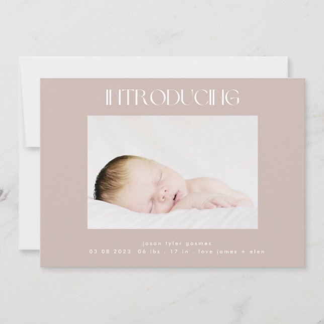 Faire-part introduction beige simple minimum deux photo bébé (Devant)