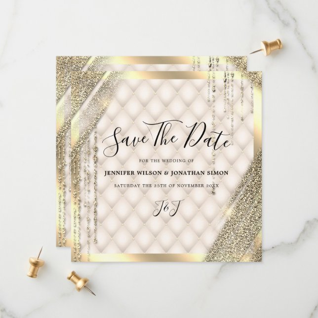 Faire part ivoire à save the date avec paillettes  (Devant/Arrière en situation)