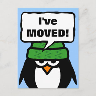 Faire-part J'ai déménagé carte postale avec un pingouin migno