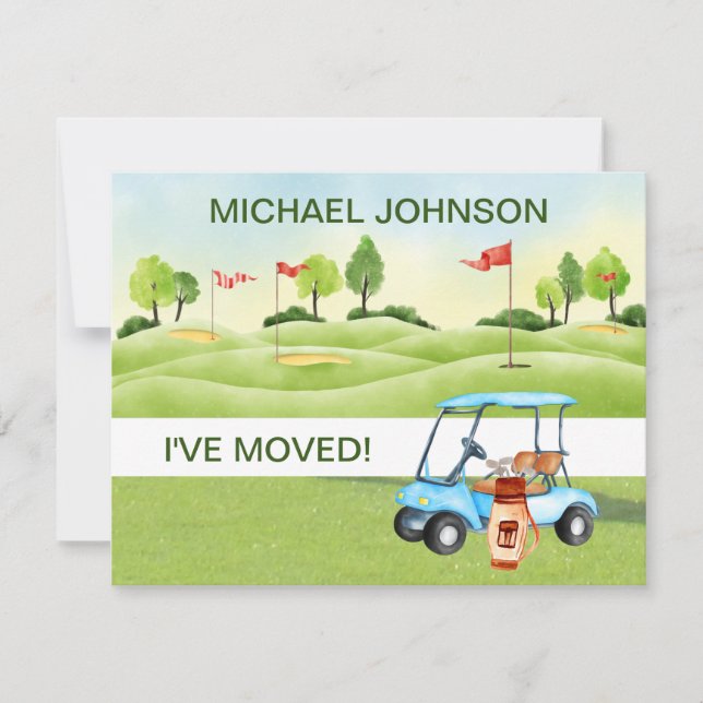 Faire-part J'ai déménagé Golf Panier Greens Man Budget Move (Devant)