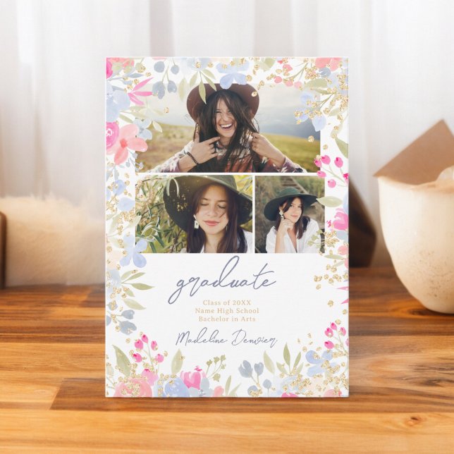 Faire-part Jardin pastel fleurs sauvages 3 photos graduation (Garden pastel wildflowers 3 photos graduation announcement)