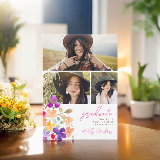Faire-part Jardin peint fleurs sauvages 3 photos graduation (Painted garden wildflowers 3 photos graduation announcement)