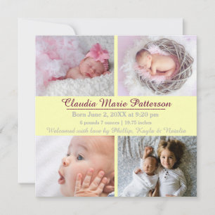 Faire-part Jaune 4 Photos - Annonce de Naissance