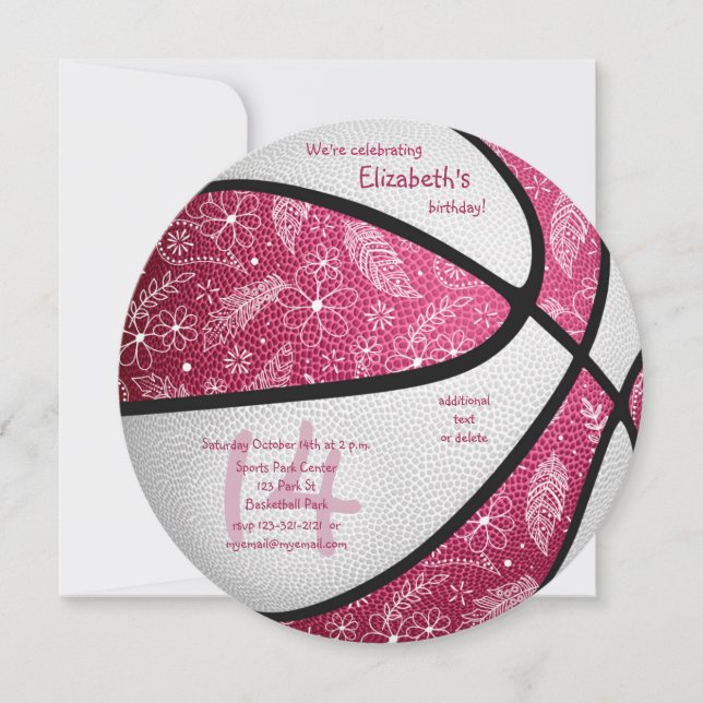 Faire-part joli boho rose blanc filles basket-ball anniversai (Devant)